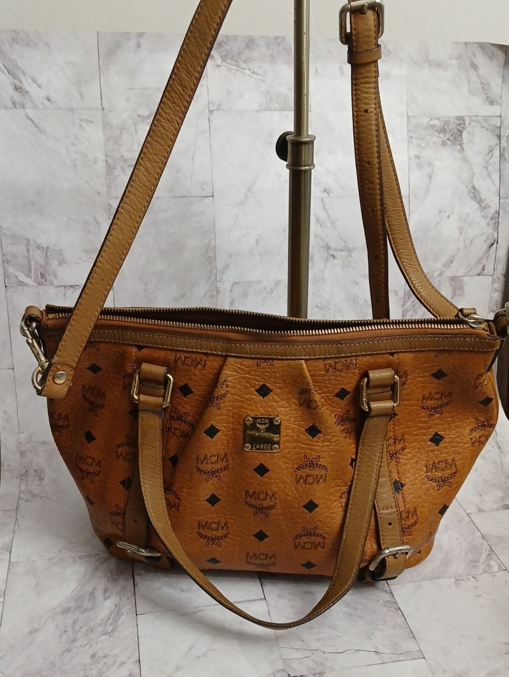MCM Tan Visetos Monogram Shoulder And Crossbody Bag with Gold Hardware